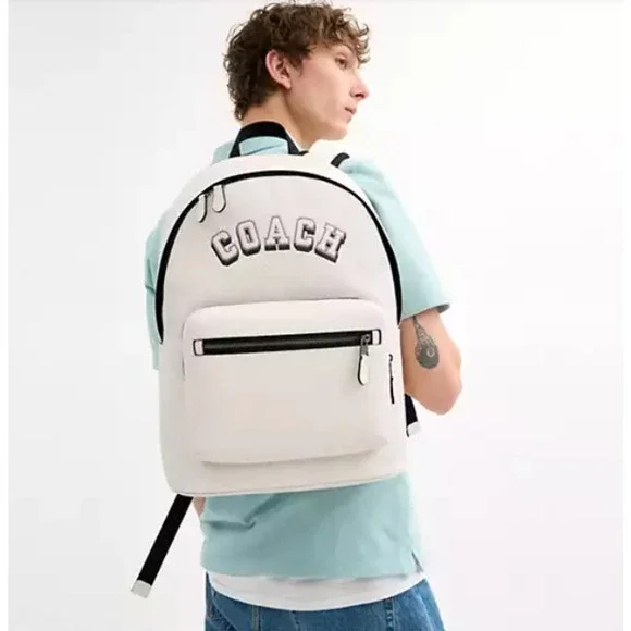 Coach West Backpack With Varsity Motif CAK14 In Leather Gunmetal/Chalk NWT